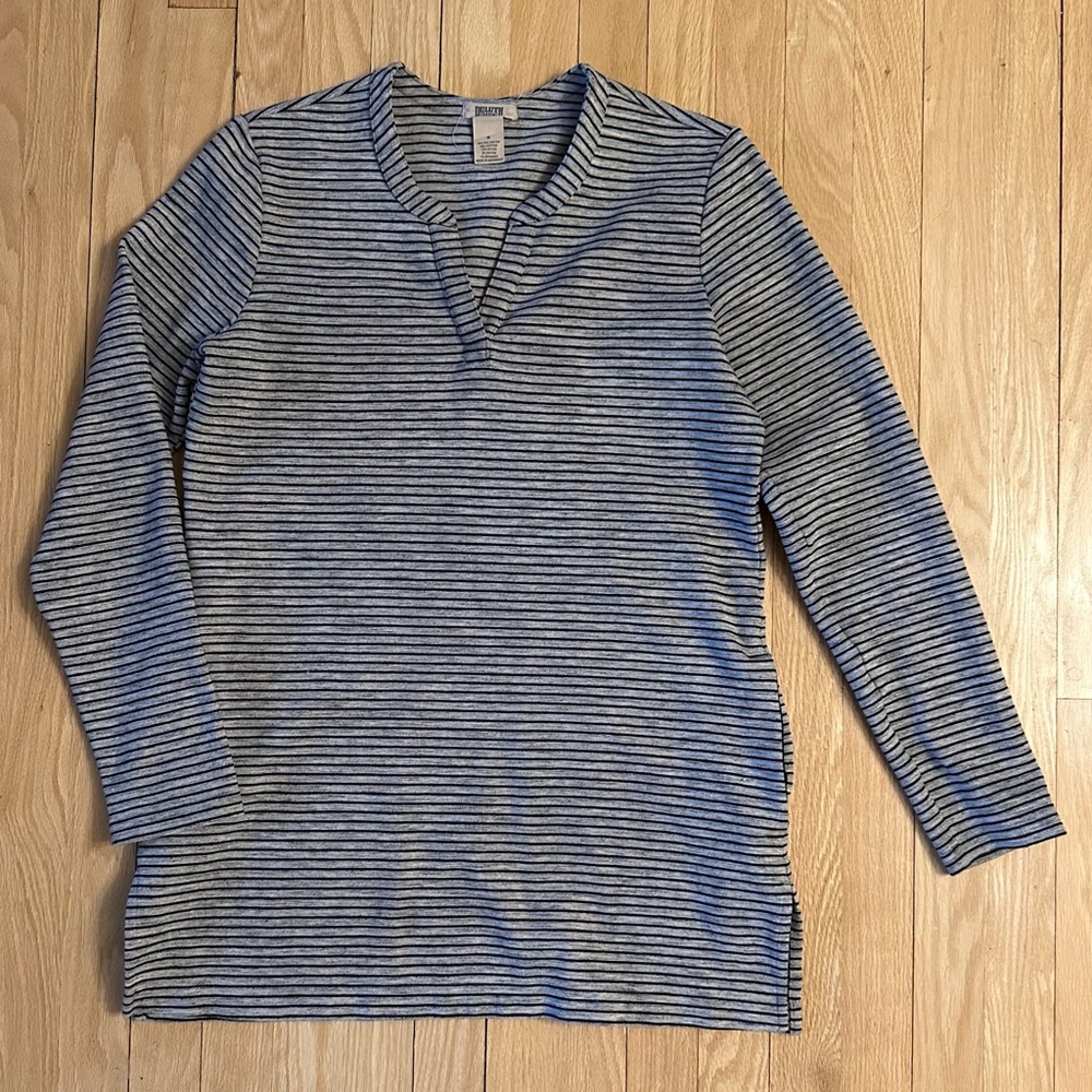 Duluth Trading Co Ponte Pro Tunic Top Gray/Black Striped With Pockets, Size S